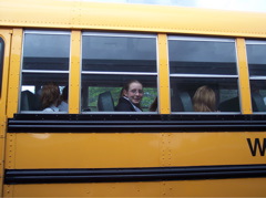 Heather on the bus to large group contest